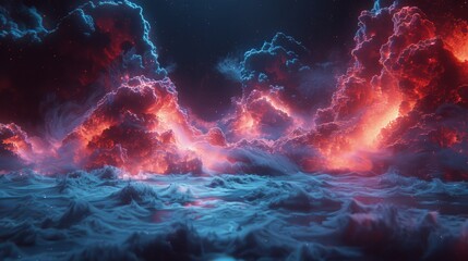 Sea of clouds at night with dramatic lightning background