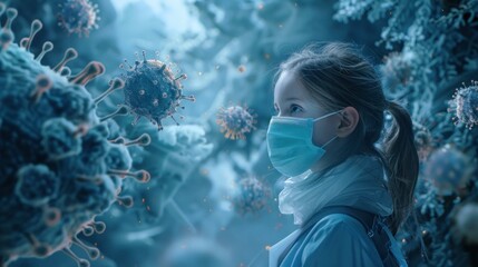 A young girl wearing a mask stands amidst floating 3D virus particles, illustrating the concept of virus prevention. The background features a dynamic, abstract design representing the invisible