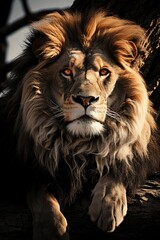 Fototapeta premium Monochrome Repose The Lone Lion and his Dark Majesty under the ancestral tree, generative IA