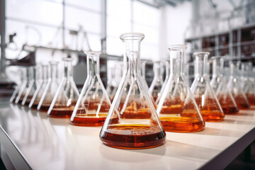 A clear glass flasks containing orange liquid, suitable for various scientific and educational applications.