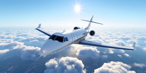 A private jet flying high above the clouds in bright sunlight, showcasing luxury travel in action. Luxury travel and tourism concept.