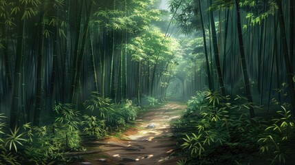 Obraz premium An enchanting bamboo forest path bathed in dappled sunlight.