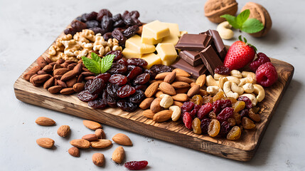 Assortment of dried fruits, nuts and chocolate on a wooden board.