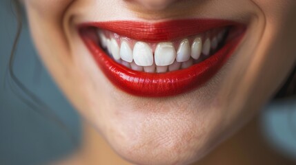 Woman smiling with white teeth and red lipstick. Close-up of a woman's mouth smiling with white teeth and red lipstick.