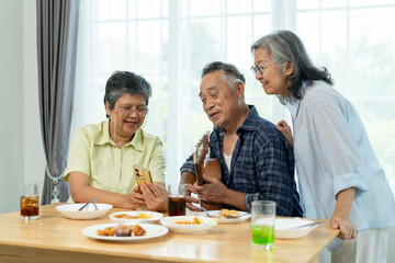 Three Senior friends bonding over music, singing and laughter in party