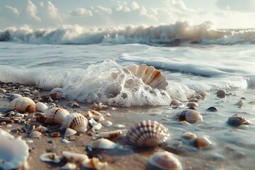 seashells on the background of the waves of the picturesque sea on a summer day