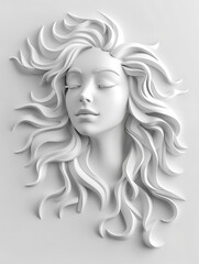 Statue of a woman with closed eyes made of white cement. On a white background.