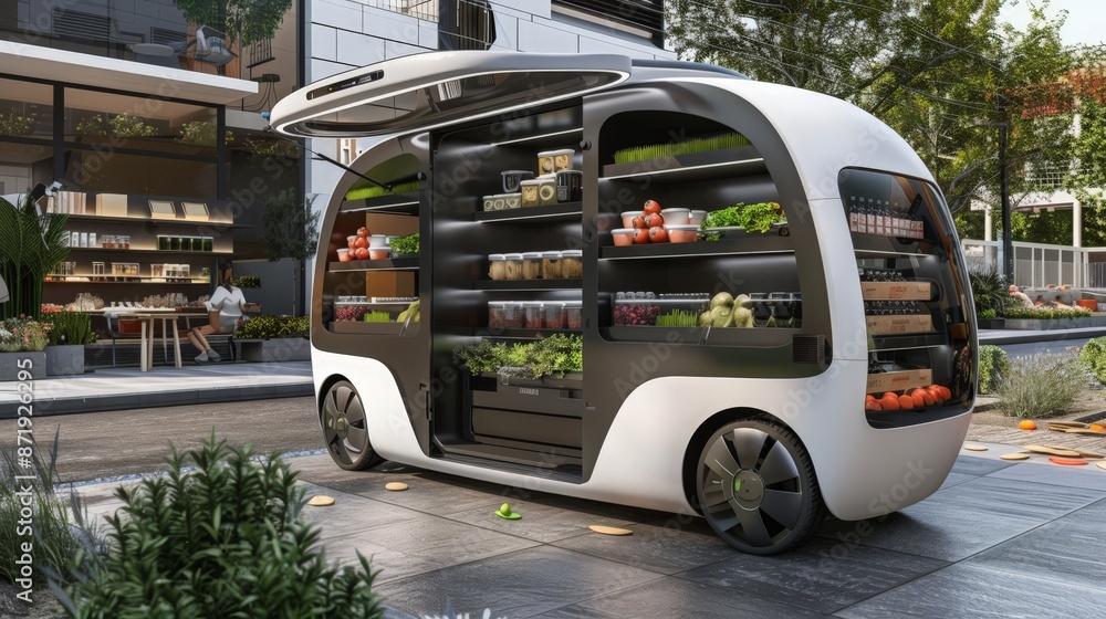 Poster future home that includes automated delivery systems for groceries and other essentials.