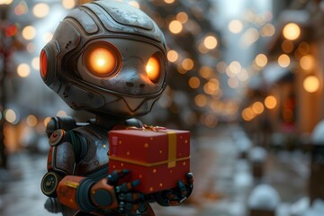 Robot Holding a Gift in Winter