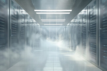 A sleek, modern data center with rows of server racks and fog creating a mysterious, high-tech atmosphere