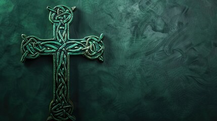 Intricate Celtic Cross with Green Knotwork Designs for Decoration and Symbolism