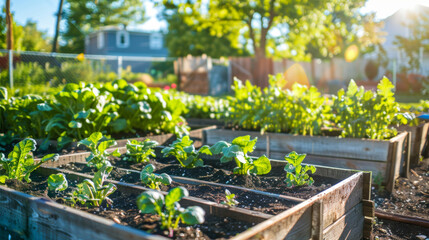 Freshly planted greens thrive in a raised bed vegetable garden, bathed in sunlight