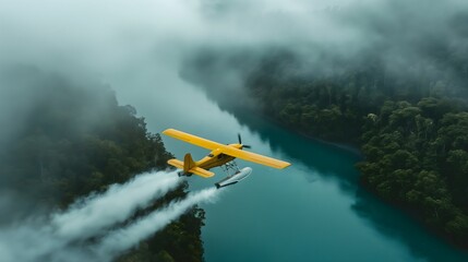 Aerial view, a yellow seaplane flying over a forest and river, trails of white smoke behind it. Blue river water below and dense green trees on both sides. Rising mist.
