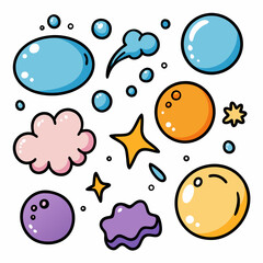 Colorful bubbles, clouds, stars, and balls on white background