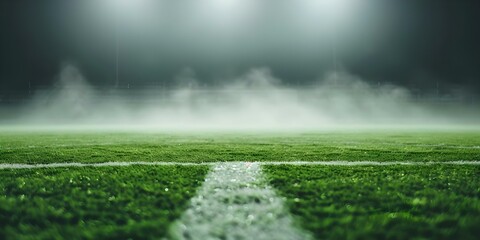 Obraz premium Dark green fog hovers over soccer field emitting toxic smell. Concept Environmental Pollution, Soccer Field Contamination, Toxic Cloud Incident, Hazardous Odor, Green Fog Situation