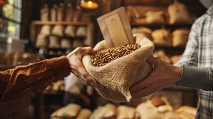 A hand reaches out to accept a burlap sack of Fairtrade coffee beans, a symbol of ethical trade and sustainable sourcing
