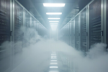 Long hallway in a data center filled with servers and illuminated by bright lights surrounded by dense fog