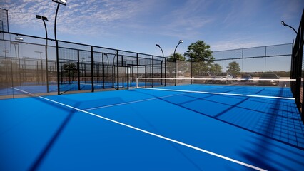 padel court outdoor with a blue surface, equipped with floodlights and glass © WINDERFULL STUDIO