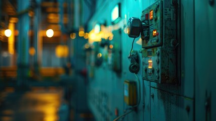 Neatly arranged wires on a wall in a server room, showcasing network security infrastructure. Close-up shot capturing routers, firewalls, and cables