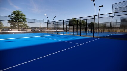 outdoor padel court with a blue surface, equipped with net floodlights and glass © WINDERFULL STUDIO
