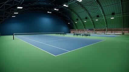 indoor tennis court adorned with a vibrant blue and green surface, equipped with lights and lined with spectator benches © WINDERFULL STUDIO