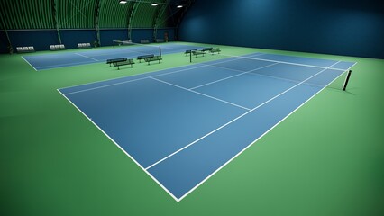 tennis courts indoor with blue and green surface, equipped with lights and lined with spectator benches © WINDERFULL STUDIO