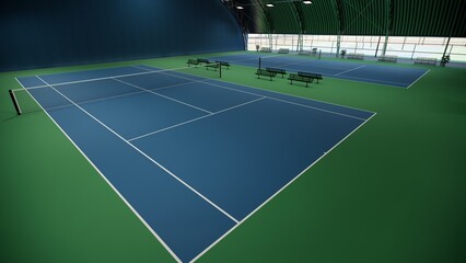 corner view of indoor tennis court  with blue and green surface, equipped with lights and lined with spectator benches © WINDERFULL STUDIO