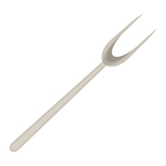 Metal fork icon with two prongs isolated on transparent and white background. Close-up element for decorating tableware and food design. Vector. Fork for frying meat and sausages on a barbecue.