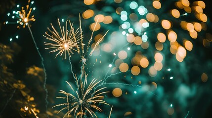 Fototapeta premium Spectacular Green and Gold Fireworks Illuminating the Night Sky in Festive Celebration