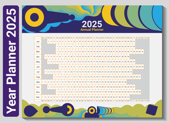 2025 Yearly Planner. Modern calendar timeline for 2025 for Office and Study Organizer.