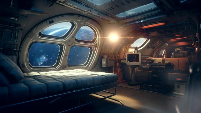 Spaceship Interior with Earth View video animation background Seamless looping time-lapse 4k quality
