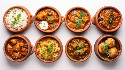 A variety of food is displayed on a white table, including shrimp, broccoli