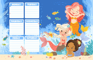 Hand drawn vector illustration of a cute mermaids in the underwater world. Cartoon background for children. Weekly planner and daily planner for children's schedule from Monday to Sunday