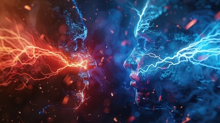 A dynamic of two clashing logos, set against a backdrop of sparkling lightning, representing a fierce brand battle, logo battle, versus, competition, branding, rivalry, lightning, electric