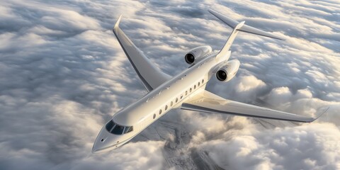 Obraz premium A private jet flying high above the clouds in bright sunlight, showcasing luxury travel in action. Luxury travel and tourism concept.