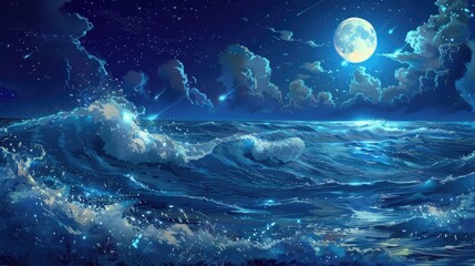A mystical anime art depiction of a shimmering blue water wave illuminated by moonlight, creating a tranquil and otherworldly atmosphere