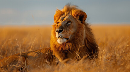 Majestic lion resting in the tall grass of an African savannah, gazing into the distance