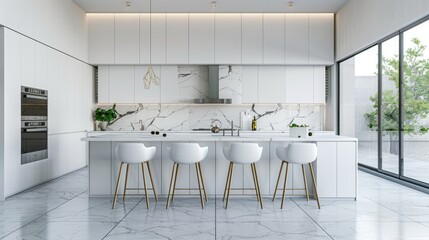 Fototapeta premium Modern kitchen with white marble wall panels and island bar, an interior design concept. Design plan mockup in white and color of luxury house