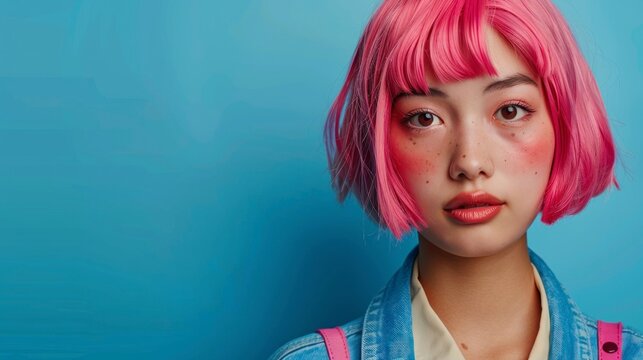beautiful young japanese girl with pink wig on blue background