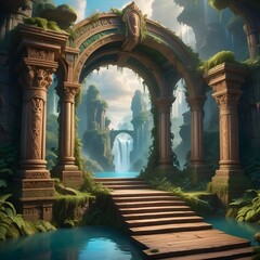 A fantasy stage with an ornate archway leading to a lush, magical forest landscape. The stage has wooden steps and columns with intricate carvings. The background features a vibrant, dreamlike scene.