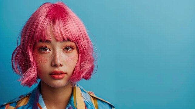 beautiful young japanese girl with pink wig on blue background