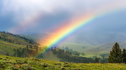 Rainbow stretching across a misty valley with rolling hills and trees