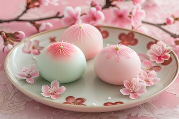 Pastel Japanese mochi with flower decorations, placed on an elegant plate