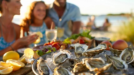 A family shares a meal at a picnic table nestled in the dunes feasting on freshly shucked oysters and grilled fish.