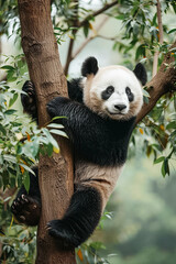 Fototapeta premium Young panda bear climbing tree in forest. Wildlife photography with green foliage background. Animal behavior and nature concept
