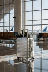 Silver travel suitcase in the waiting room of the airport terminal building