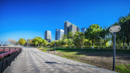 Urban Park Pathway Leading Towards Modern Skyline