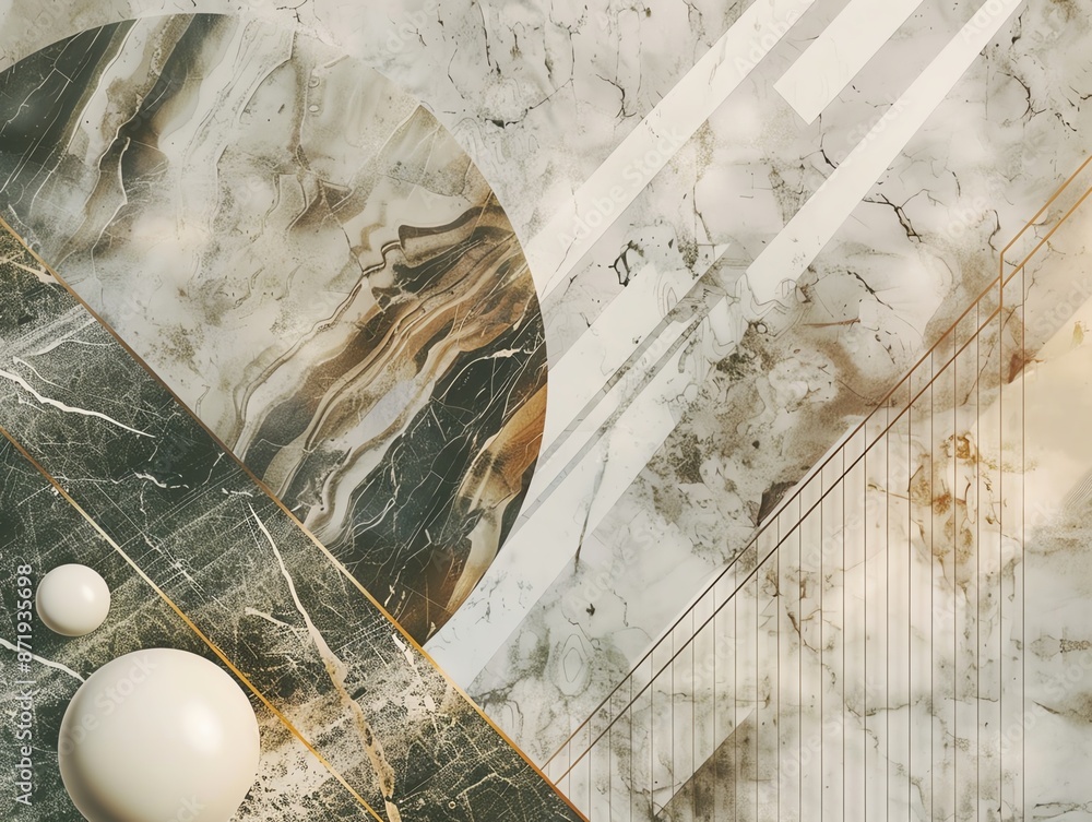 Poster abstract geometric art with marble texture and spherical elements, blending earthy tones and sharp l