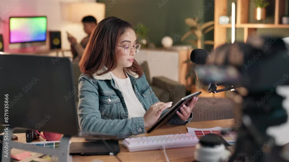 Poster camera, influencer and girl with tablet, online and break for reading of comments by audience with s