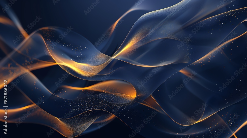 Poster abstract wavy lines in dark blue with golden highlights, creating a dynamic and elegant background o